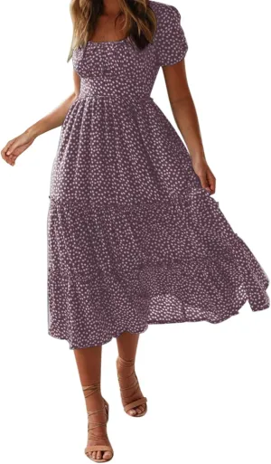 Womens Summer Midi Dress Square Neck Puff Sleeve Boho Dresses Cute Floral Flowy A-line Smocked Tiered Ruffle milkmaid Dress