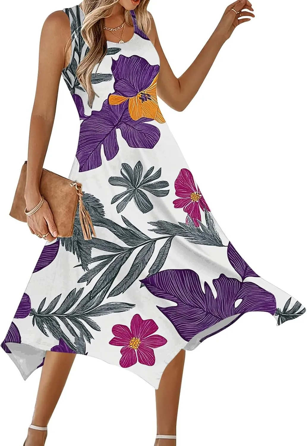 Women's Summer Tank Midi Dresses Floral Printed Sleeveless A-Line Dress Casual T-Shirt Dress Flowy Beach Sundress