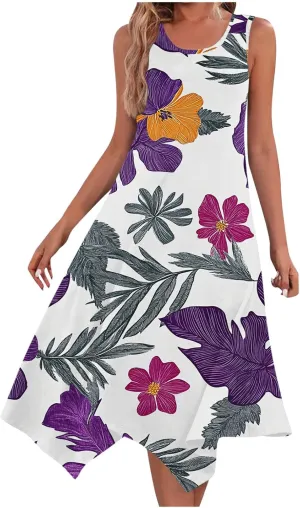 Women's Summer Tank Midi Dresses Floral Printed Sleeveless A-Line Dress Casual T-Shirt Dress Flowy Beach Sundress
