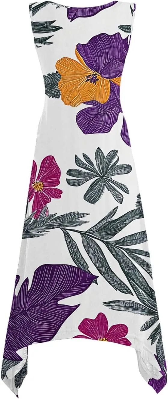 Women's Summer Tank Midi Dresses Floral Printed Sleeveless A-Line Dress Casual T-Shirt Dress Flowy Beach Sundress
