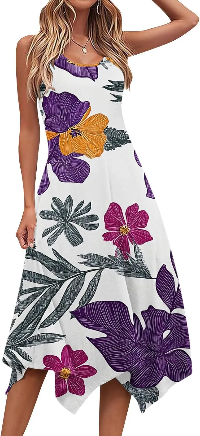 Women's Summer Tank Midi Dresses Floral Printed Sleeveless A-Line Dress Casual T-Shirt Dress Flowy Beach Sundress