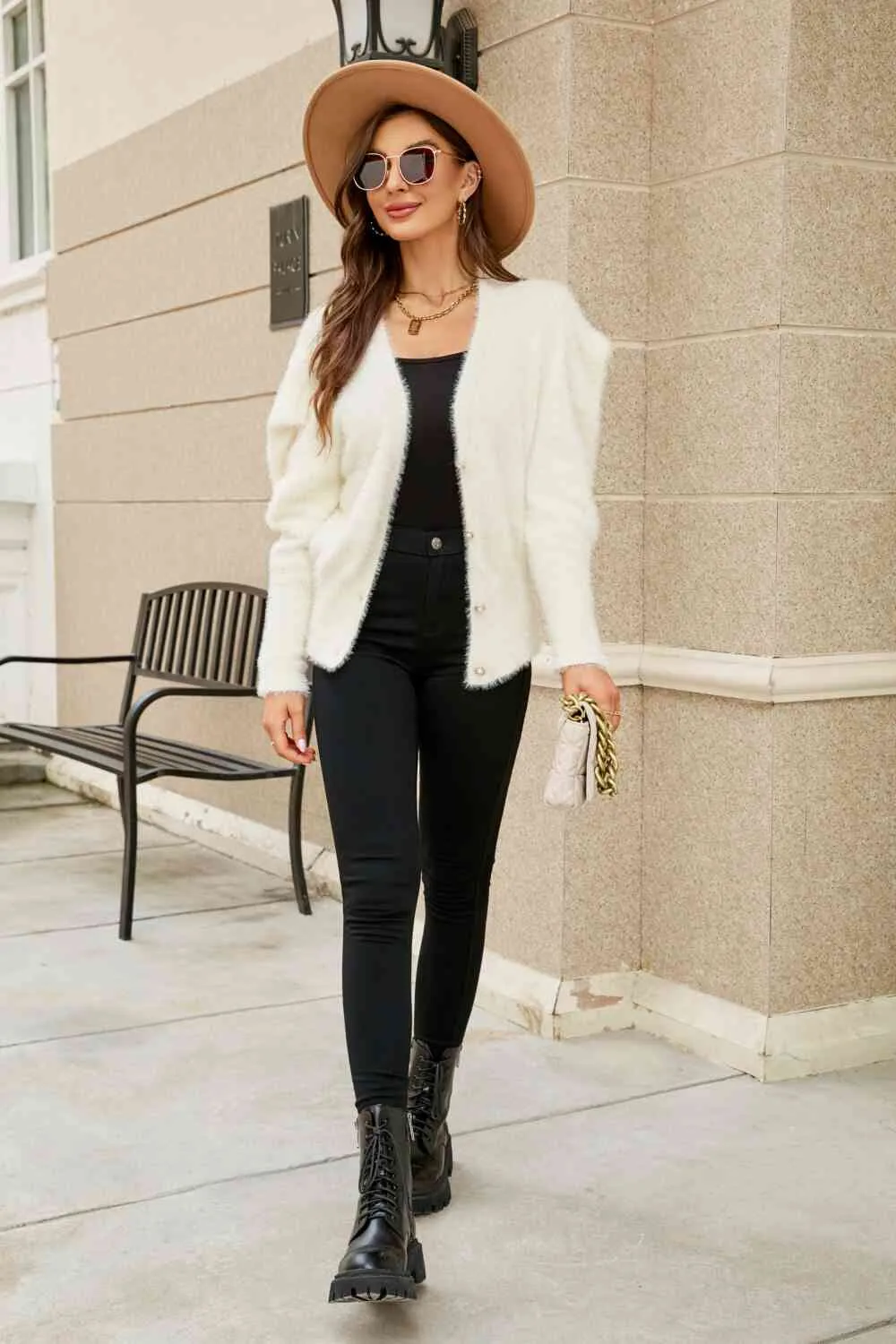 Woven Right Puff Sleeve V-Neck Fuzzy Cardigan
