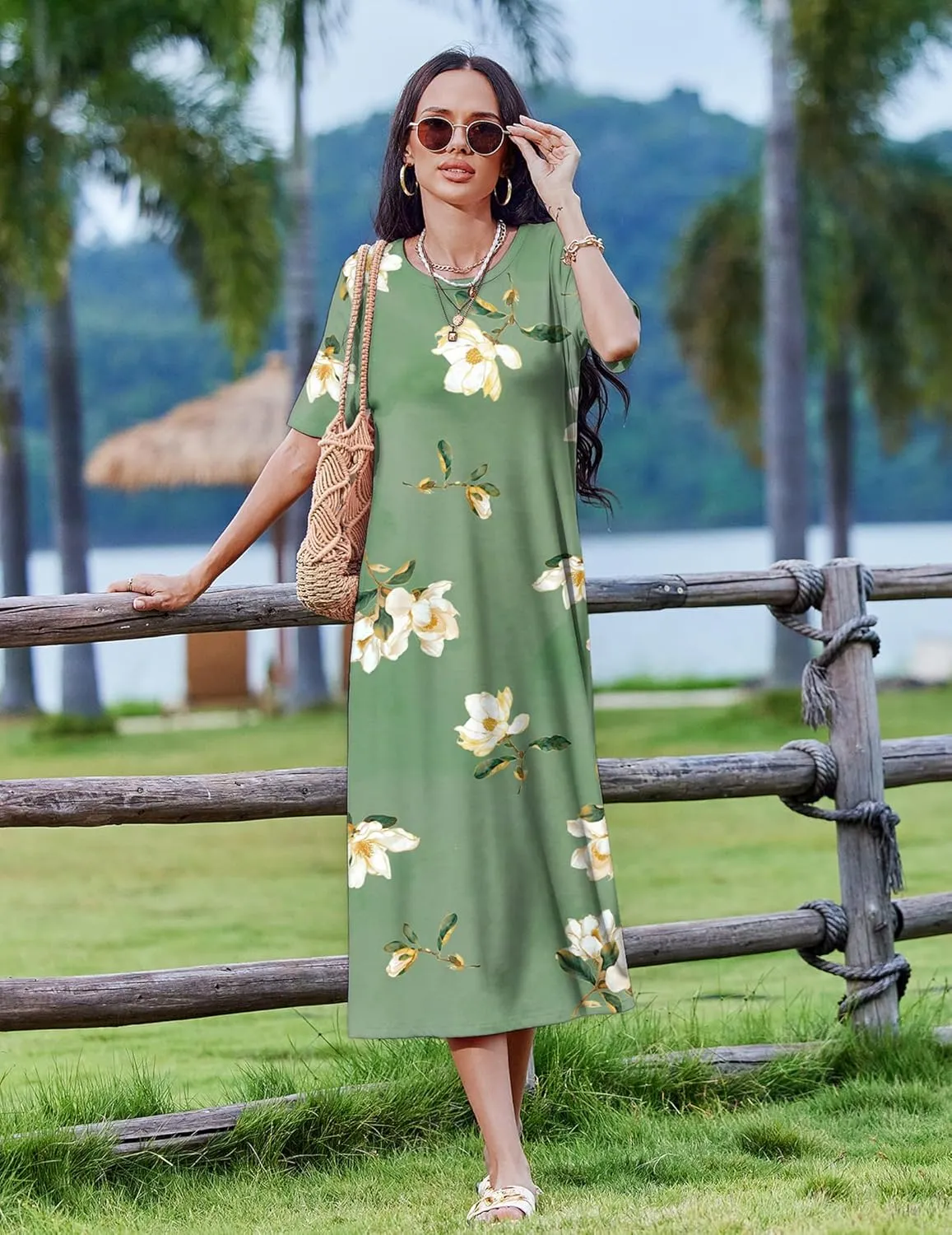 Zeagoo Women Floral Summer Dress Casual Beach Dress Printed T Shirt Dress Split Long Dress Travel 2025 Vacation Dress