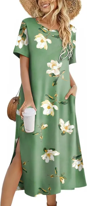 Zeagoo Women Floral Summer Dress Casual Beach Dress Printed T Shirt Dress Split Long Dress Travel 2025 Vacation Dress