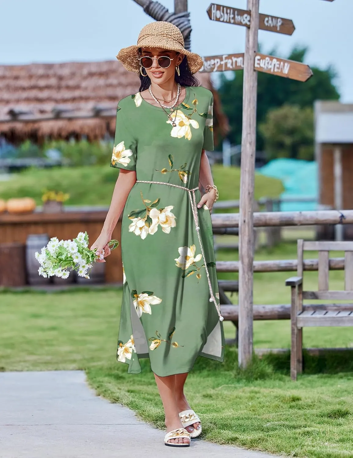 Zeagoo Women Floral Summer Dress Casual Beach Dress Printed T Shirt Dress Split Long Dress Travel 2025 Vacation Dress