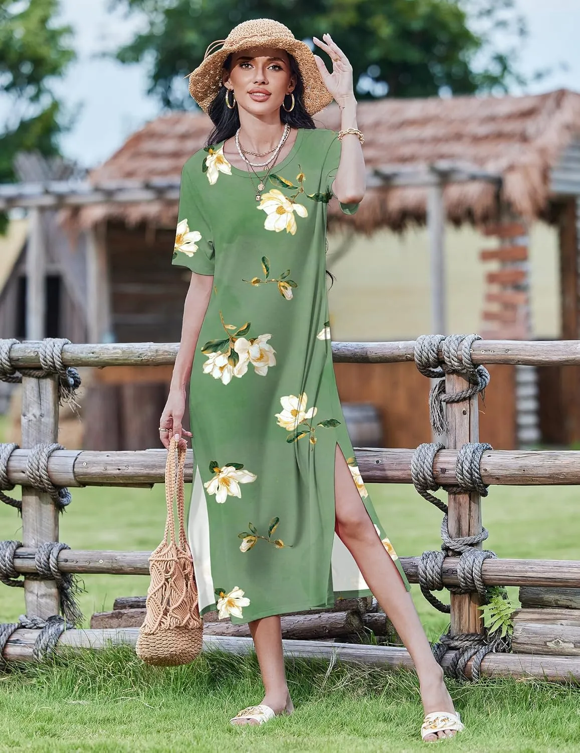 Zeagoo Women Floral Summer Dress Casual Beach Dress Printed T Shirt Dress Split Long Dress Travel 2025 Vacation Dress