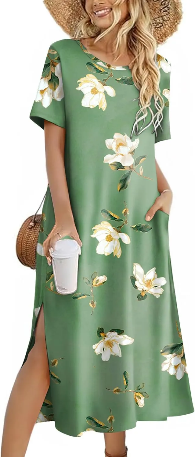 Zeagoo Women Floral Summer Dress Casual Beach Dress Printed T Shirt Dress Split Long Dress Travel 2025 Vacation Dress